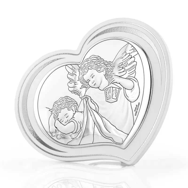 Posrebrzany obrazek anioł stróż na pamiątkę chrztu dla dziecka