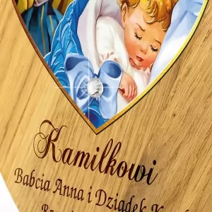 drewniany święty obrazek pamiątka chrztu z grawerem