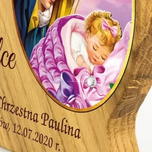 drewniany obrazek z  kolorowym nadrukiem na chrzest - zdobiony kryształkiem