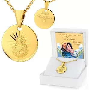Medalik pozłacany w etui z nadrukiem na chrzest - Panna z dzieciątkiem