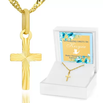 Złoty krzyżyk z łańcuszkiem pr. 585 na chrzest dla chłopca - Biała gołębica
