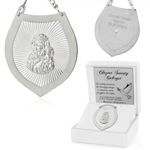 Srebrny ryngraf z Matką Boską (waga 8,2g) z grawerem na prezent dla dziecka