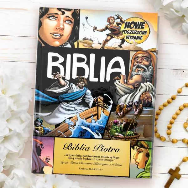 Biblia komiks dla dzieci z dedykacją na chrzest- Dzień sakramentu
