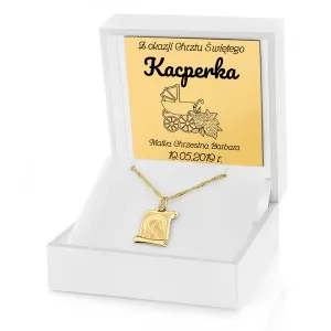złoty medalik w pudełku z dedykacją na pamiątkę chrztu
