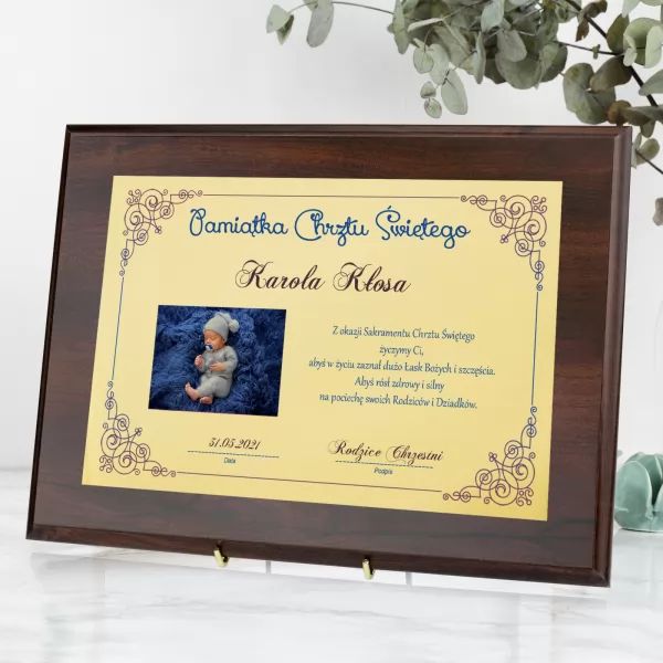Certyfikat z nadrukiem - na chrzest z dedykacją i zdjęciem