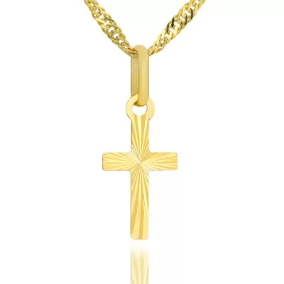 Złoty krzyżyk z łańcuszkiem z grawerem na chrzest - Ręce do modlitwy