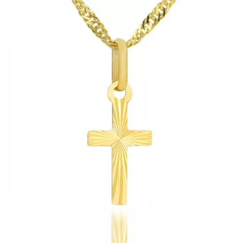 Złoty krzyżyk z łańcuszkiem z grawerem na chrzest - Ręce do modlitwy