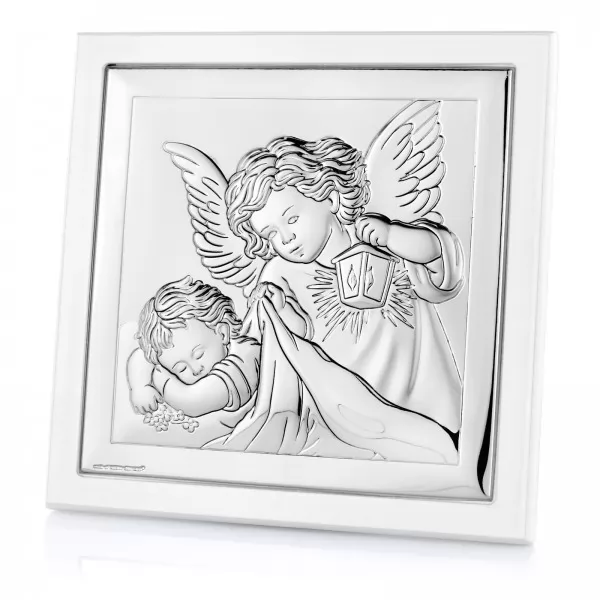 Obrazek Anioł Stroż w drewnie (14x14 cm) z opcją graweru na chrzest