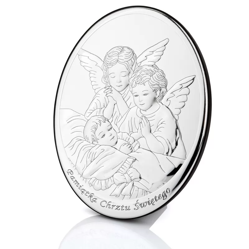 srebrny obrazek z aniołami na chrzest