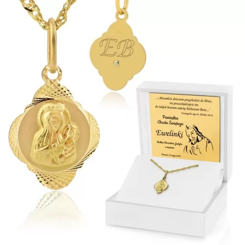 Złoty medalik z Matką Boską i grawerem na chrzest - Droga do Boga