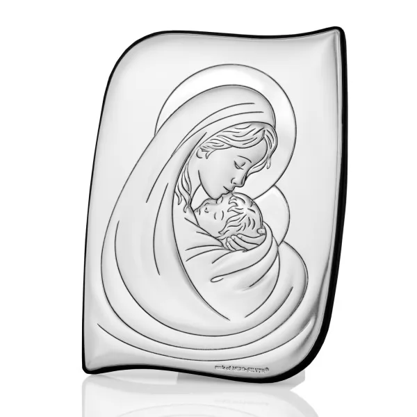 Srebrny obrazek na chrzest z grawerem dedykacji (7,5 x 10 cm) - Matka Boska
