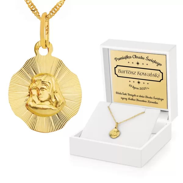 Złoty komplet: medalik Matka Boska + łańcuszek pr. 585 z grawerem