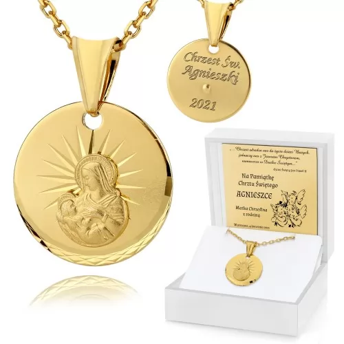 Medalik pozłacany Matka Boska + łańcuszek pr. 925 z grawerem na chrzest