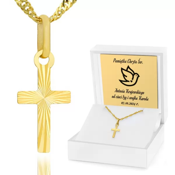 Złoty krzyżyk na łańcuszku w etui z grawerem na chrzciny