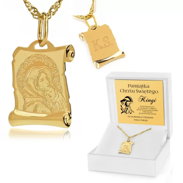 Złoty medalik Matka Boska z łańcuszkiem 585 z grawerem - Światło miłości