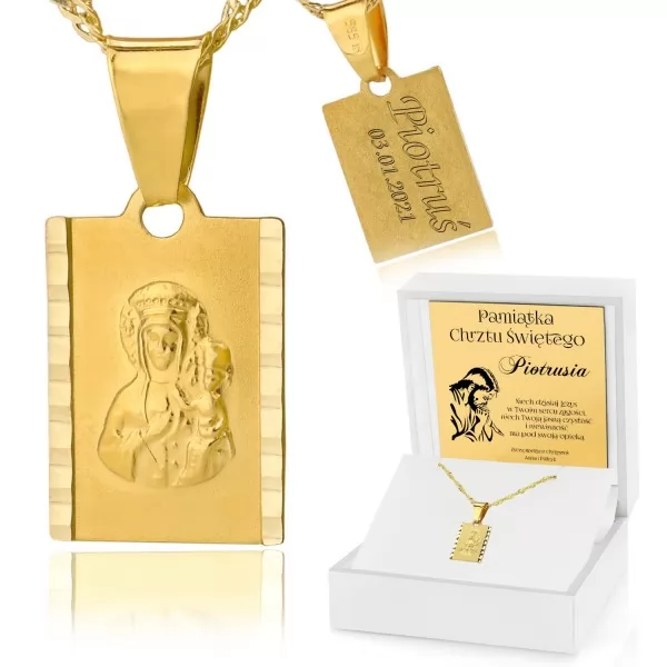 Złoty medalik z podobizną Matki Boskiej (próba 585) z grawerem na pamiątkę chrztu