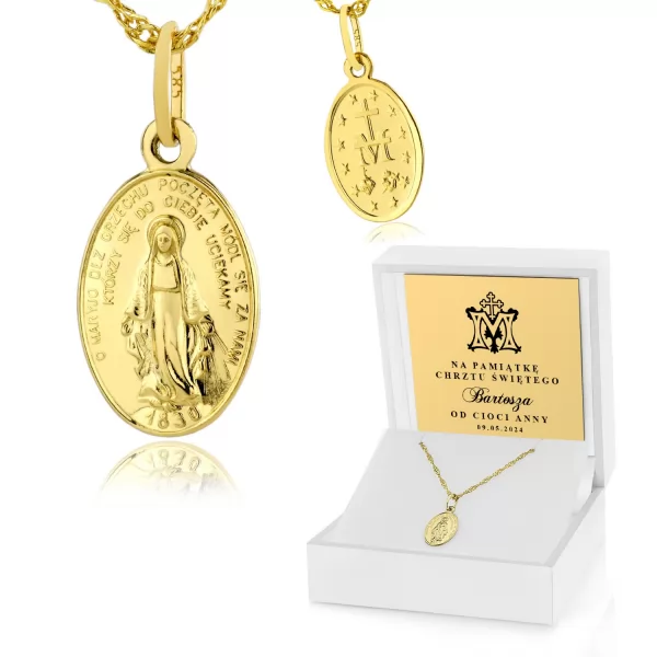 Złoty komplet 585 medalik Matka Boska na łańcuszku z grawerem - Pokora