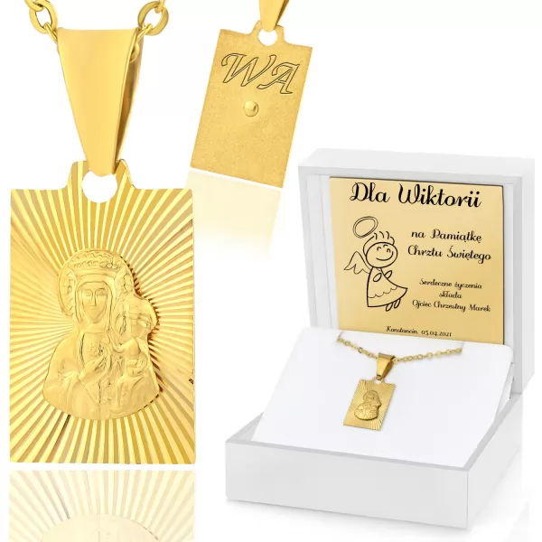 Złoty medalik Matka Boska z łańcuszkiem 585 z grawerowaniem dedykacji na chrzest