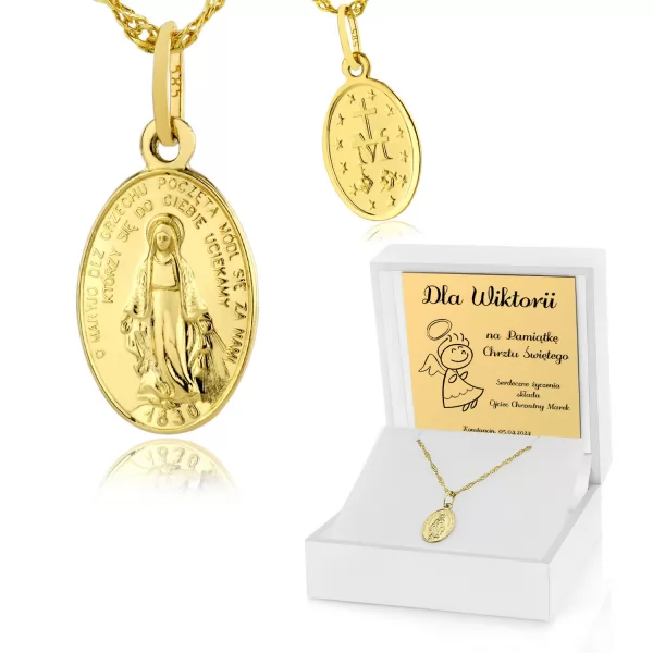 Złoty medalik Matka Boska 585 z grawerem na chrzest - Wieczne życie