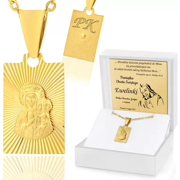 Złoty medalik na łańcuszku Matka Boska z grawerem życzeń na prezent na Chrzest Święty