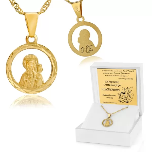 Złoty medalik Matka Boska z łańcuszkiem i grawerem dedykacji na chrzest 