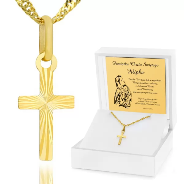 Złoty krzyżyk z łańcuszkiem 585 z grawerem na prezent z okazji chrztu