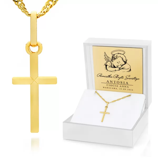 Złoty krzyżyk prosty z łańcuszkiem 585 na prezent na chrzest