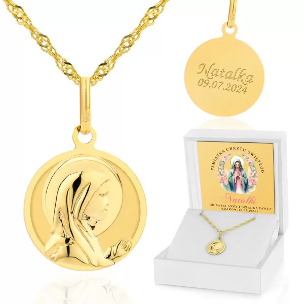 Złoty medalik Matka Boska z łańcuszkiem 585 na chrzest 