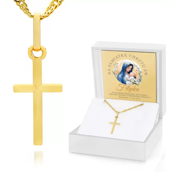 Złoty krzyżyk z łańcuszkiem na pamiątkę Chrztu Świętego z dedykacją 