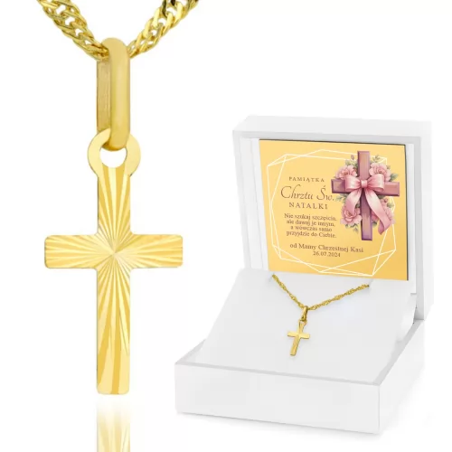 Złoty krzyżyk z łańcuszkiem 585 na chrzest dla dziewczynki - Szczęście