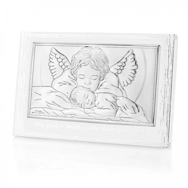 Obrazek srebrny na białym podkładzie na prezent na chrzest dla chłopca 