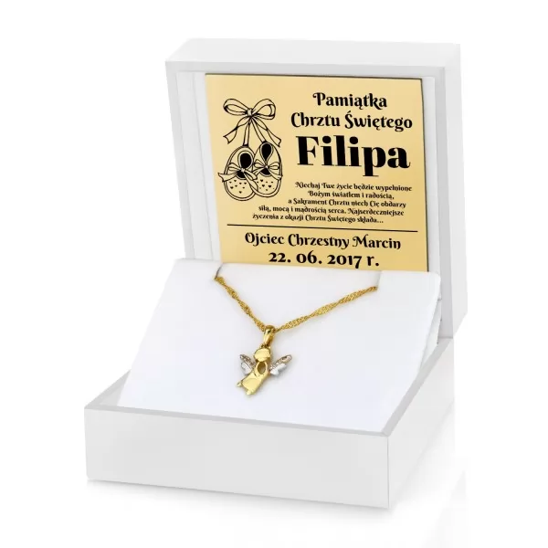 Złoty komplet biżuterii (pr. 585) zawieszka aniołek i łańcuszek na prezent na chrzciny