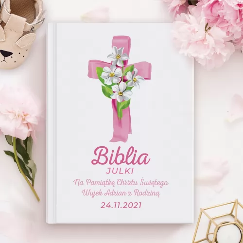Biblia dla dzieci z nadrukiem na chrzest dla dziewczynki - Różowa Opoka