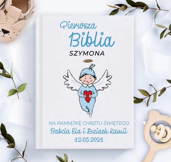 Biblia dla dzieci z ilustracjami na chrzest Niebieski Aniołek