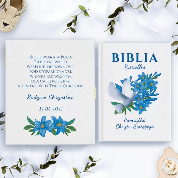 Biblia dla dzieci w pudelku na chrzciny - Niebieskie Kwiaty Lilii