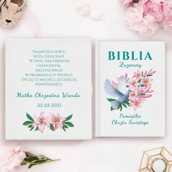 Biblia dla dzieci z personalizacją na chrzest - Różowe Kwiaty Lilii