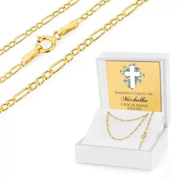 Złoty łańcuszek na chrzest 45 cm w pudełku pr. 585 - Gold Figaro