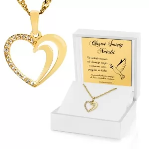 złota zawieszka serce w pudełku z dedykacją na prezent na chrzciny