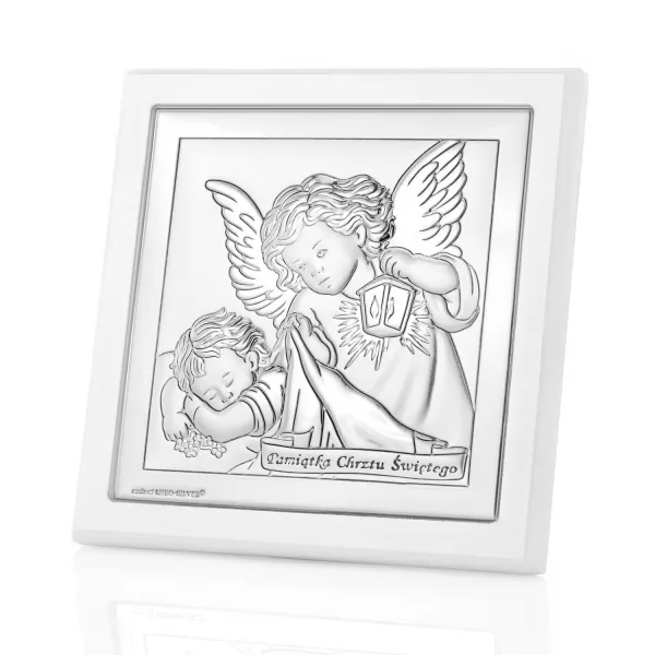 Srebrny obrazek z grawerem na chrzciny (10 x 10 cm) - Aniołek z Latarenką